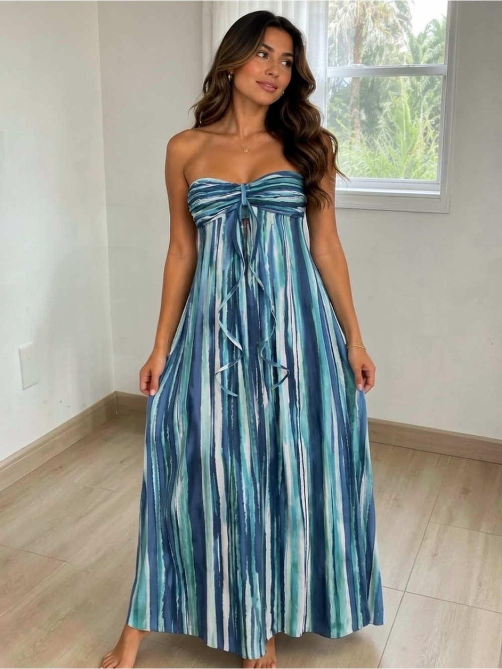 LC Lauren Conrad Blue & White Striped Strapless Maxi Dress